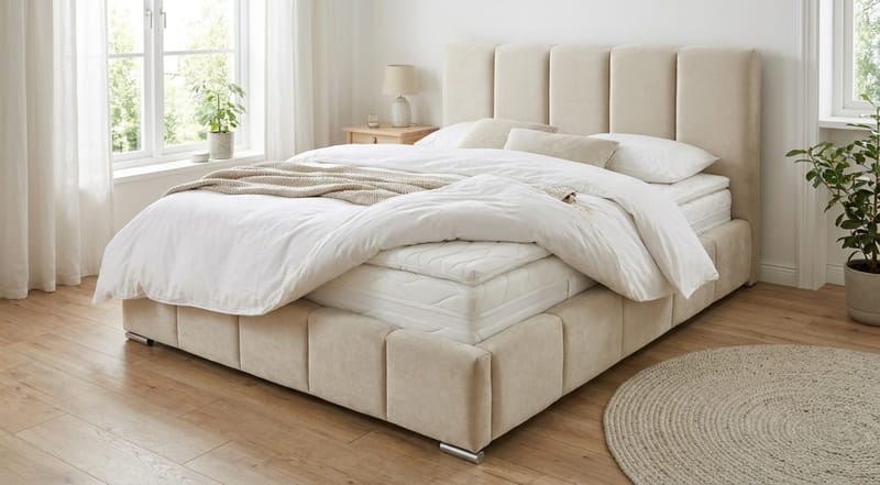 Cleaton Bubblig sängynrunko 180x200 cm säilytystilalla, HVILA-pussijousipatja ja sijauspatja lateksista sekä pestävä päällinen - Beige/valkoinen - Huonekalut - Sänky - Sänkypaketti