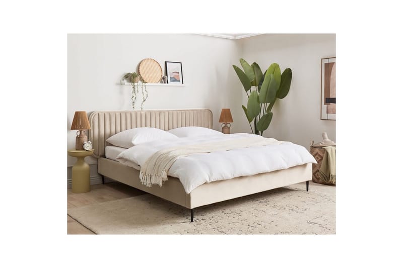 Dubbelsäng Beliani Brin med lamellram Beige-Svart, 140x200 cm Taupe 180x200 - Huonekalut - Sänky - Sänkykehikot & sängynrungot