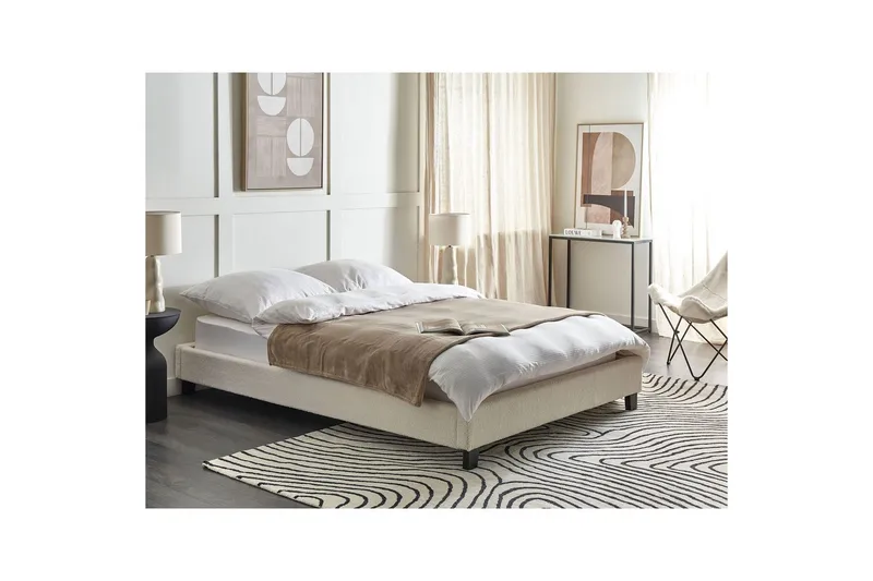 Dubbelsäng Beliani Roanne med lamellram Beige-Mörkt Trä, 140x200 cm, Bouclé Beige 140x200 VALUE_MISSING_2 - Huonekalut - Sänky - Runkopatjasängyt