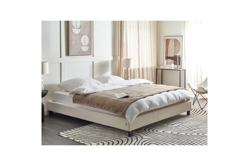 Dubbelsäng Beliani Roanne med lamellram Beige-Mörkt Trä, 140x200 cm, Bouclé Beige 180x200 VALUE_MISSING_6 - Huonekalut - Sänky - Runkopatjasängyt