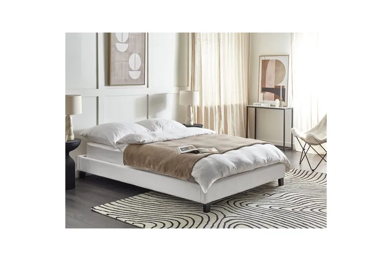 Dubbelsäng Beliani Roanne med lamellram Beige-Mörkt Trä, 140x200 cm, Bouclé Grey 140x200 VALUE_MISSING_5 - Huonekalut - Sänky - Runkopatjasängyt