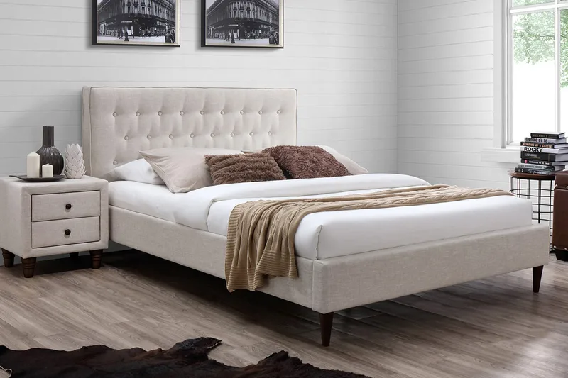Emilia sänkypaketti – sängynrunko 120x200 kangasta sängynpäädyllä + petauspatja kovuusasteella, Beige