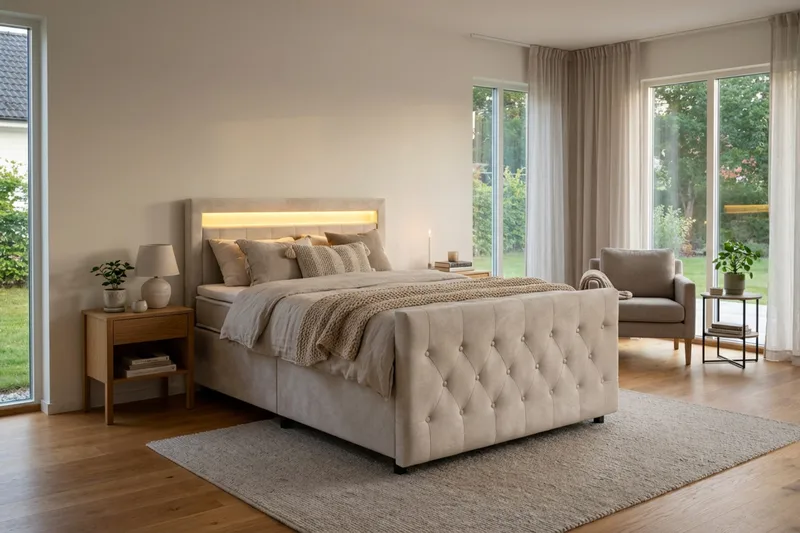 Franco Light täydellinen sänkypaketti säilytystilalla LED-valaistus 120x200 cm - Beige - Huonekalut - Sänky - Sänkypaketti