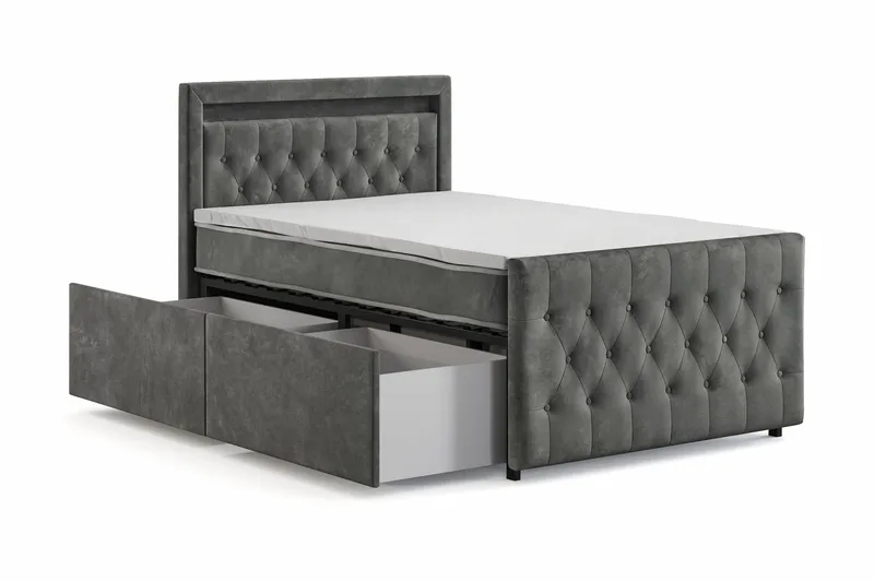 Franco Light täydellinen sänkypaketti säilytystilalla LED-valaistus 120x200 cm - Harmaa - Huonekalut - Sänky - Sänkypaketti