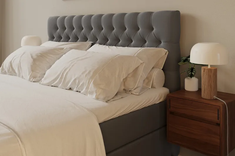 Hilton Lyx Sänkypaketti 180x200 cm Jenkkisänky napitetulla sängynpäädyllä sametissa - Vaaleanharmaa - Huonekalut - Sänky - Jenkkisängyt