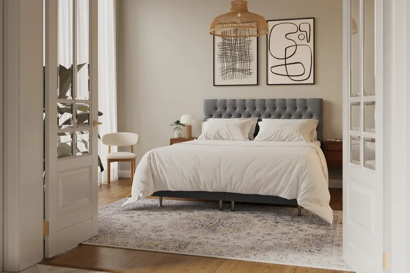 Hilton Lyx Sänkypaketti 180x200 cm Jenkkisänky napitetulla sängynpäädyllä sametissa - Vaaleanharmaa - Huonekalut - Sänky - Parisänky