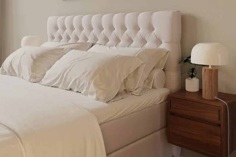 Hilton Lyx Täydellinen Sänkypaketti 160x200 cm Jenkkisänky nappikoristellulla sängynpäädyllä sametista - Beige / Sametti - Huonekalut - Sänky - Jenkkisängyt