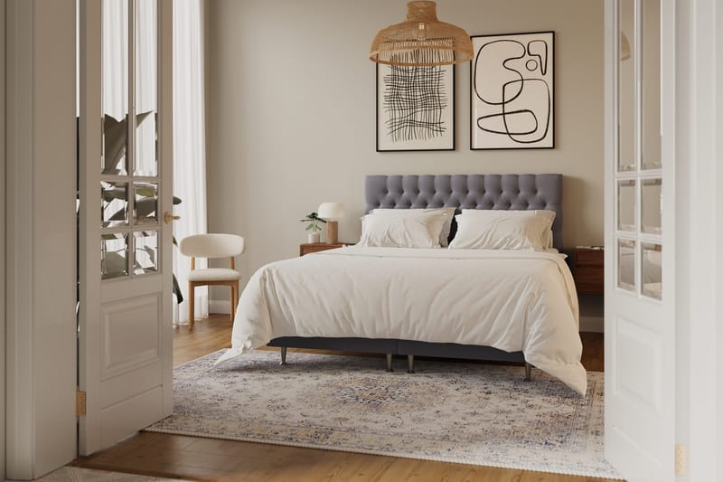 Hilton Lyx Täydellinen Sänkypaketti 160x200 cm Jenkkisänky nappikoristellulla sängynpäädyllä sametista - Harmaa / Sametti - Huonekalut - Sänky - Jenkkisängyt