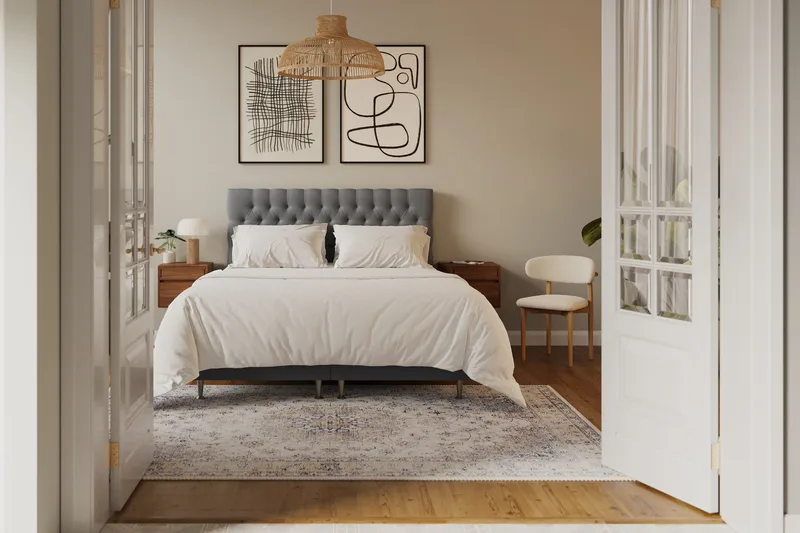 Hilton Lyx Täydellinen Sänkypaketti 160x200 cm Jenkkisänky nappikoristellulla sängynpäädyllä sametista - Vaaleanharmaa / Sametti - Huonekalut - Sänky - Parisänky