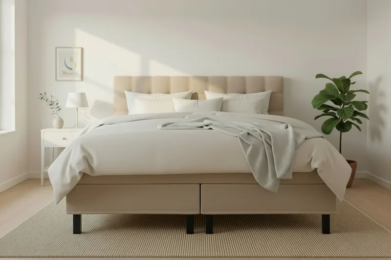 Hilton Sänkypaketti 160x200 cm Jenkkisänky ruutukuvioitu sängynpäädyllä - Beige - Huonekalut - Sänky - Jenkkisängyt