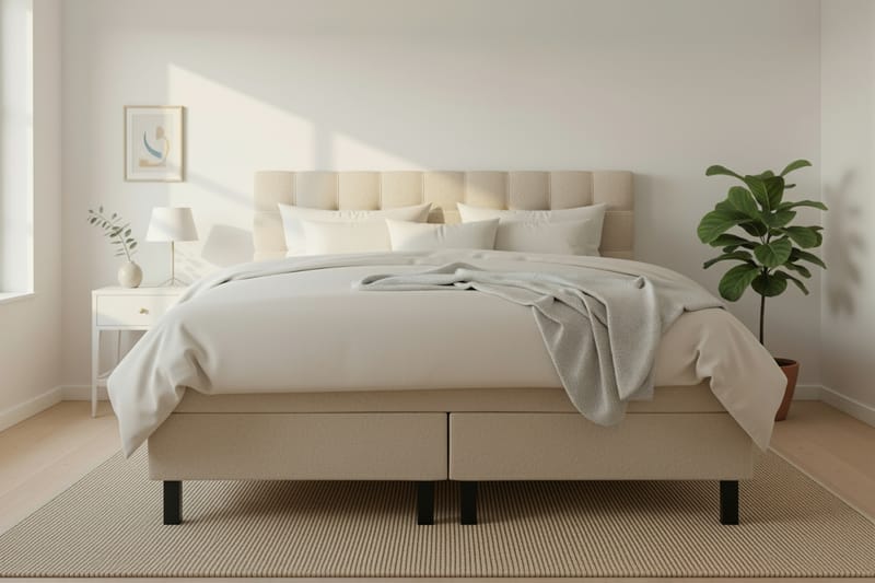Hilton Täydellinen Sänkypaketti 160x200 cm Jenkkisänky ruutukuvioidulla sängynpäädyllä teddy-kankaasta - Beige / Teddy - Huonekalut - Sänky - Jenkkisängyt
