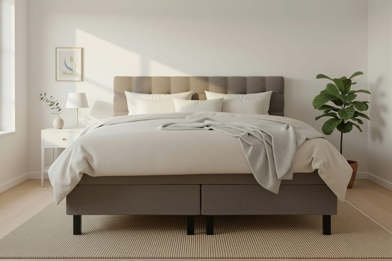 Hilton Täydellinen Sänkypaketti 160x200 cm Jenkkisänky ruutukuvioidulla sängynpäädyllä teddy-kankaasta - Ruskea / Teddy - Huonekalut - Sänky - Jenkkisängyt