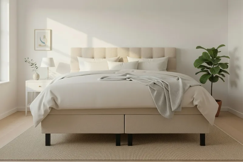 HVILA Classic täydellinen sänkypaketti 160x200 cm, jenkkisänky ruutukuvioidulla sängynpäädyllä - Beige / Teddy - Huonekalut - Sänky - Jenkkisängyt