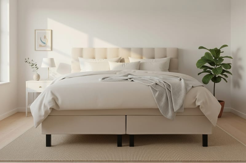 HVILA Classic täydellinen sänkypaketti 160x200 cm, jenkkisänky ruutukuvioidulla sängynpäädyllä - Beige - Huonekalut - Sänky - Parisänky