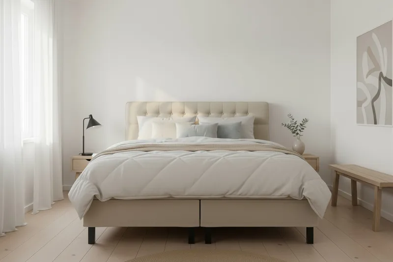 HVILA Classic täydellinen sänkypaketti 180x200 cm, jenkkisänky timanttikuvioidulla sängynpäädyllä - Beige - Huonekalut - Sänky - Jenkkisängyt