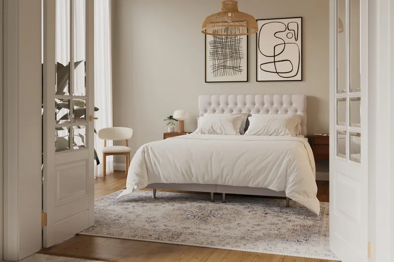 HVILA Lyx täydellinen sänkypaketti 160x200 cm, kontinentaalisänky napitetulla samettisängynpäädyllä - Beige / sametti - Huonekalut - Sänky - Jenkkisängyt