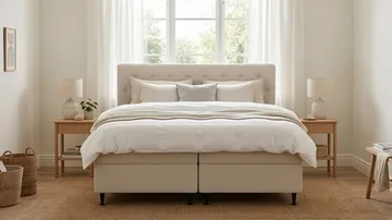 HVILA Plus Täydellinen Sänkypaketti – Jenkkisänky 160x200 cm Kangasverhoilulla ja Säilytystilalla, Sängynpääty + Petauspatja, Kiinteysaste Keskijäykkä - Vaalea Beige - Huonekalut - Sänky - Sänkypaketti