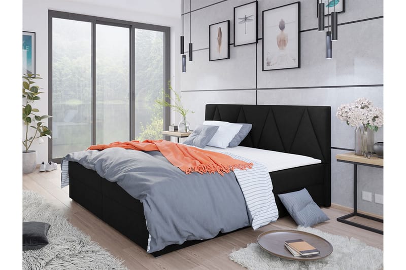Jenkkisänky Selmes 140x200 cm sängynpäädyllä - Musta - Huonekalut - Sänky - Jenkkisängyt