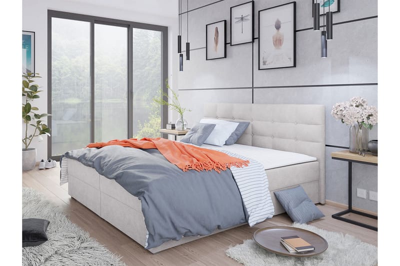 Jenkkisänky Selmes 140x200 cm sängynpäädyllä - Vaaleanharmaa - Huonekalut - Sänky - Jenkkisängyt