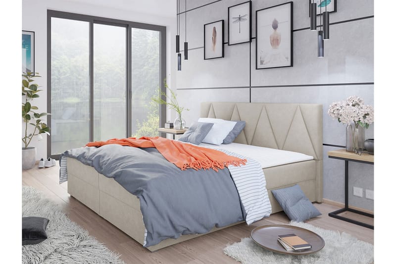 Jenkkisänky Selmes 160x200 cm sängynpäädyllä - Beige - Huonekalut - Sänky - Jenkkisängyt
