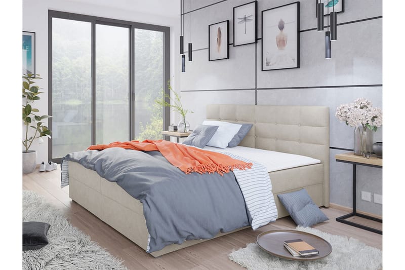 Jenkkisänky Selmes 180x200 cm sängynpäädyllä - Beige - Huonekalut - Sänky - Jenkkisängyt