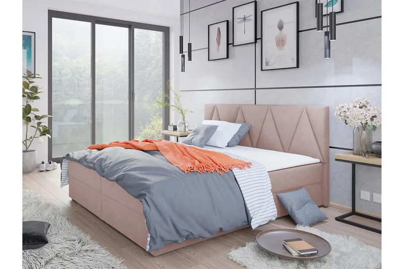 Jenkkisänky Selmes 180x200 cm sängynpäädyllä - Roosa - Huonekalut - Sänky - Jenkkisängyt