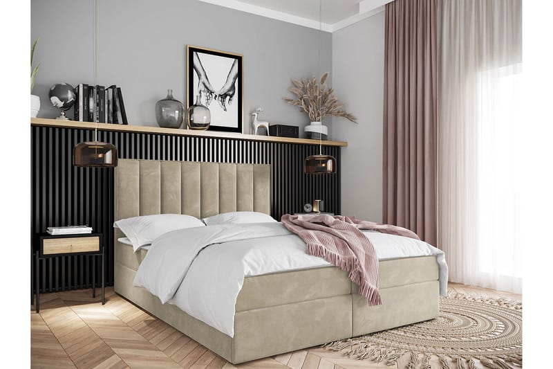 Jenkkisänky Vidin 140x200 cm Medium - Sametti/Beige - Huonekalut - Sänky - Jenkkisängyt
