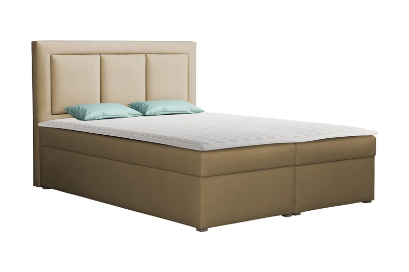 Moden sänkypaketti – jenkkisänky 140x215 cm kangasta, säilytyksellä, sängynpäädyllä + petauspatja, kovuusaste pehmeä, Beige
