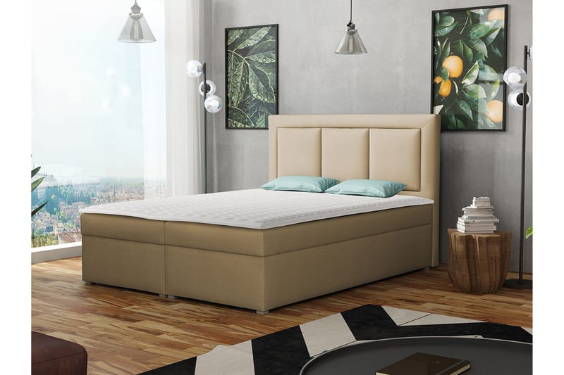 Moden sänkypaketti – jenkkisänky 140x215 cm kangasta, säilytyksellä, sängynpäädyllä + petauspatja, kovuusaste pehmeä - Beige - Huonekalut - Sänky - Jenkkisängyt