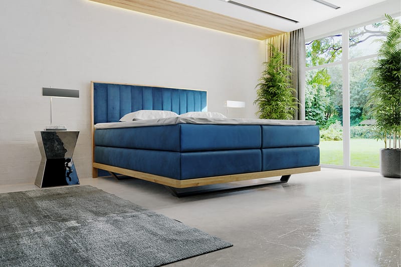 Oslund sänkypaketti – jenkkisänky 140x200 cm samettia sängynpäädyllä + petauspatja, Sininen