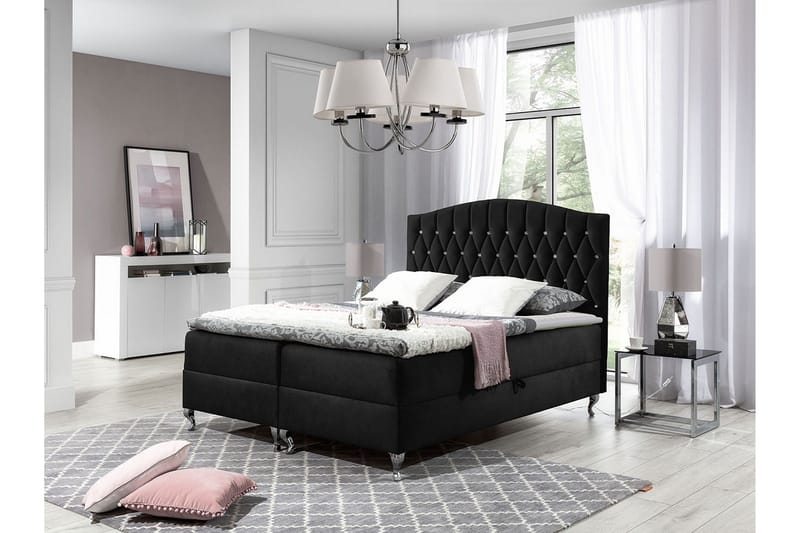 Sänkypaketti – jenkkisänky 120x200 cm kankaasta säilytyksellä ja sängynpäädyllä + petauspatja kovuusasteella medium - Musta - Huonekalut - Sänky - Jenkkisängyt