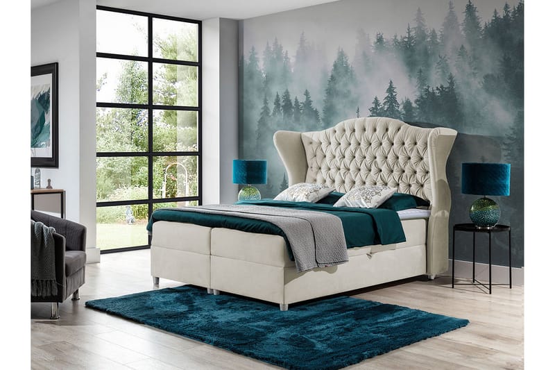 Sänkypaketti – jenkkisänky 120x200 cm kankaasta säilytyksellä ja sängynpäädyllä + petauspatja kovuusasteella medium - Beige - Huonekalut - Sänky - Jenkkisängyt