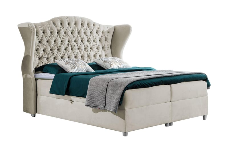 Sänkypaketti – jenkkisänky 120x200 cm kankaasta säilytyksellä ja sängynpäädyllä + petauspatja kovuusasteella medium, Beige