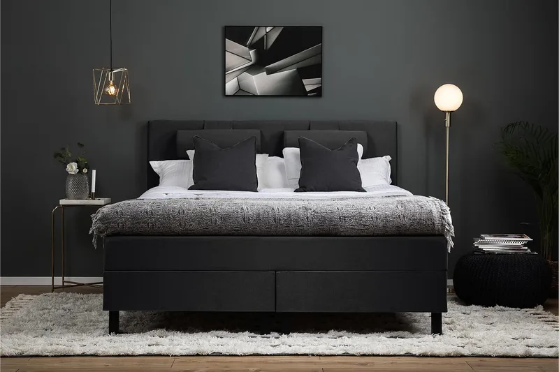 Sänkypaketti Lucky 180x200 Sileä Sängynpääty Musta - Polyeetteri Niskatyyny Suuri - Huonekalut - Sänky - Parisänky