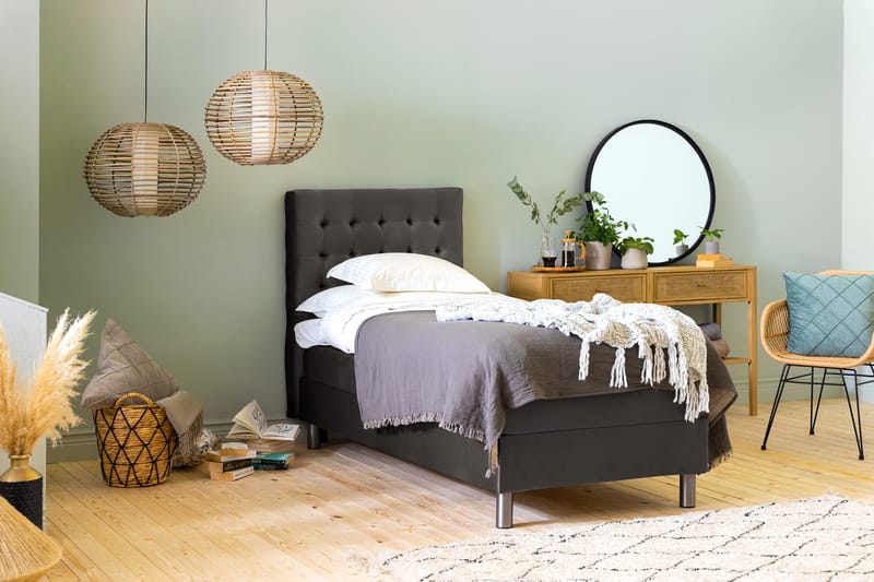 Sänkypaketti Rebeca 90x200 cm Ruudullinen pääty - Tummanharmaa/Sametti - Huonekalut - Sänky - Jenkkisängyt