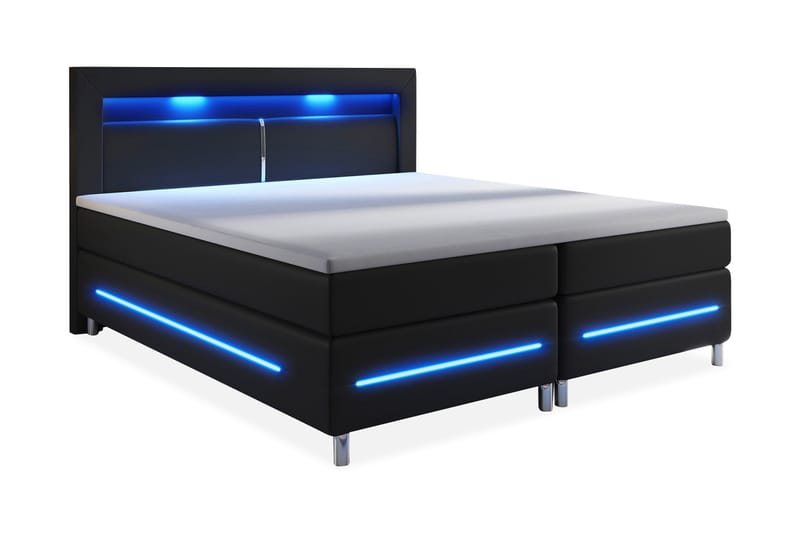 Sänkypaketti Pisa Lyx 180x200 LED Sängynpääty Keinonahka - Musta - Huonekalut - Sänky - Jenkkisängyt