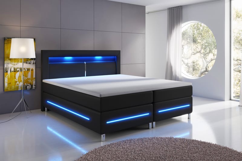 Sänkypaketti Pisa Lyx 180x200 LED Sängynpääty Keinonahka - Musta - Huonekalut - Sänky - Jenkkisängyt