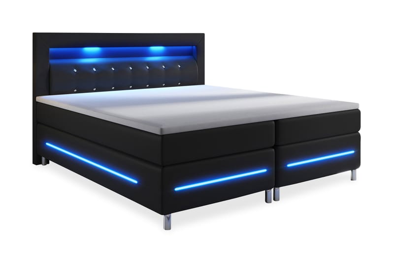 Sänkypaketti Pisa Lyx 160x200 LED Pikeerattu Pääty Keinonahk - Musta - Huonekalut - Sänky - Sänkypaketti