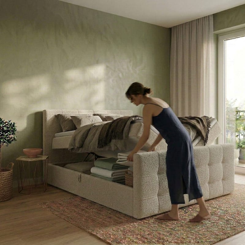 Jenkkisänkypaketti Elvros 160x200 cm nostettavalla säilytystilalla - Kermanvärinen luonnonvalkoinen / vaalea beige - Huonekalut - Sänky - Sängyt säilytystilalla