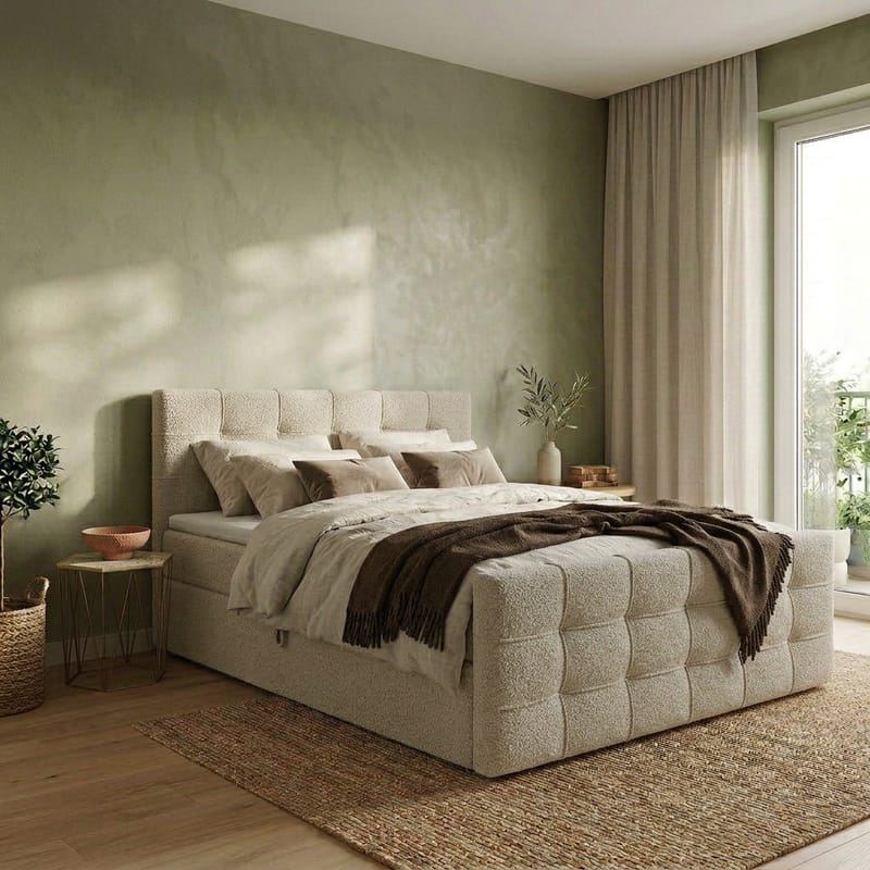 Jenkkisänkypaketti Elvros 180x200 cm nostettavalla säilytystilalla - Kermanvärinen luonnonvalkoinen / vaalea beige - Huonekalut - Sänky - Sängyt säilytystilalla