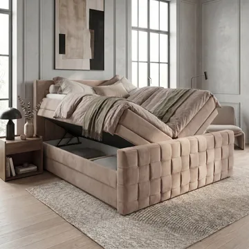 Jenkkisänkypaketti Ryven 140x200 cm nostettavalla säilytystilalla - lämmin beige/latte - Huonekalut - Sänky - Sängyt säilytystilalla