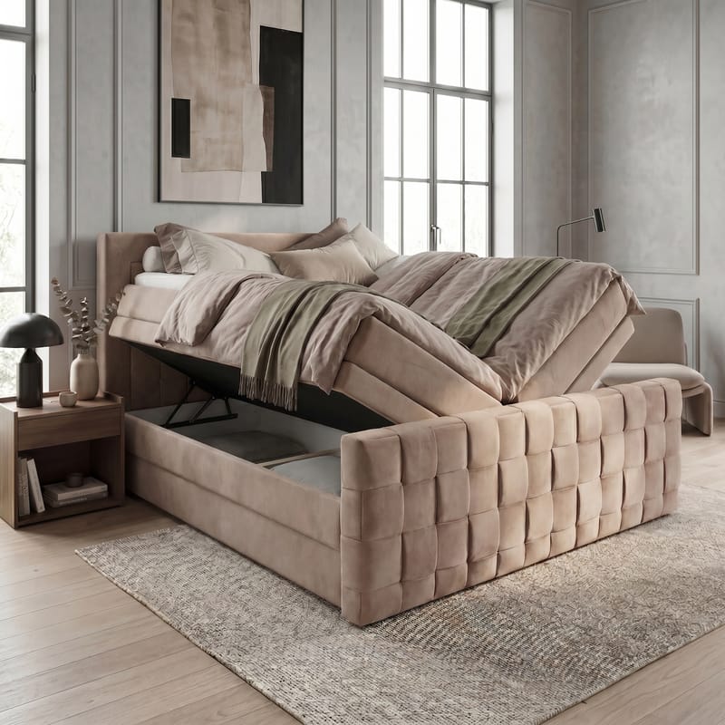 Jenkkisänkypaketti Ryven 140x200 cm nostettavalla säilytystilalla - lämmin beige/latte - Huonekalut - Sänky - Sängyt säilytystilalla