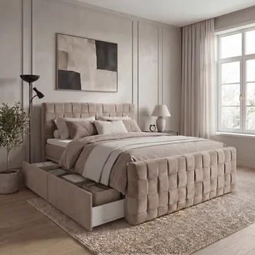 Jenkkisänkypaketti Tyrosen 140x200 cm laatikkosäilytyksellä - lämmin beige - Huonekalut - Sänky - Sängyt säilytystilalla