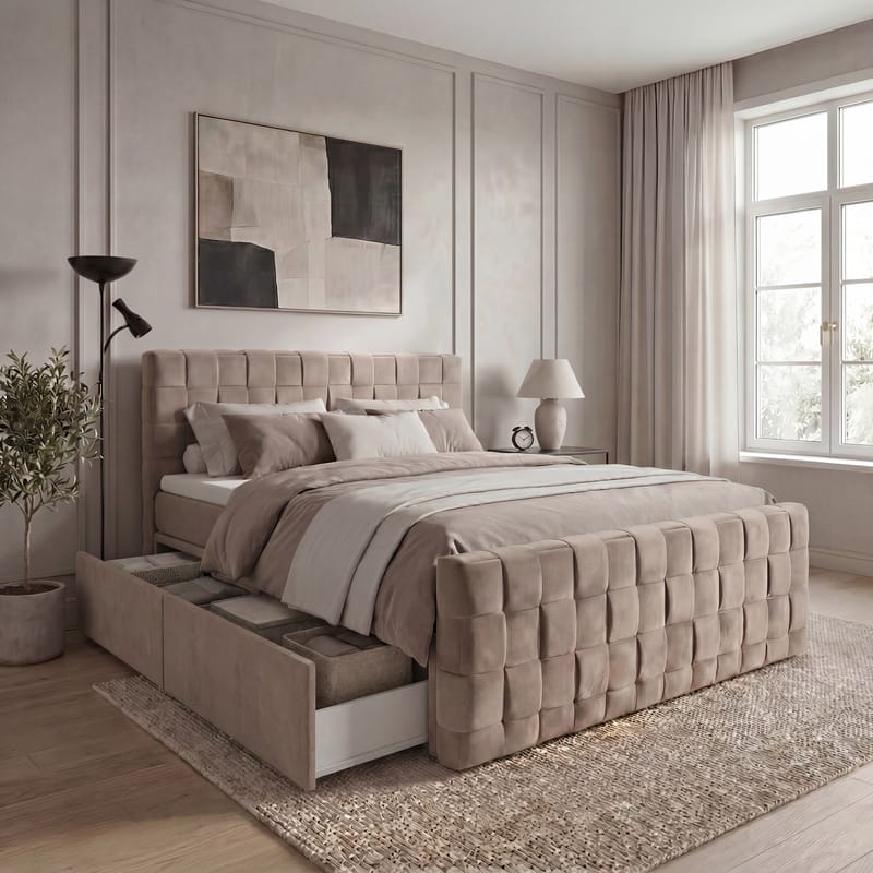 Jenkkisänkypaketti Tyrosen 140x200 cm laatikkosäilytyksellä - lämmin beige - Huonekalut - Sänky - Sängyt säilytystilalla