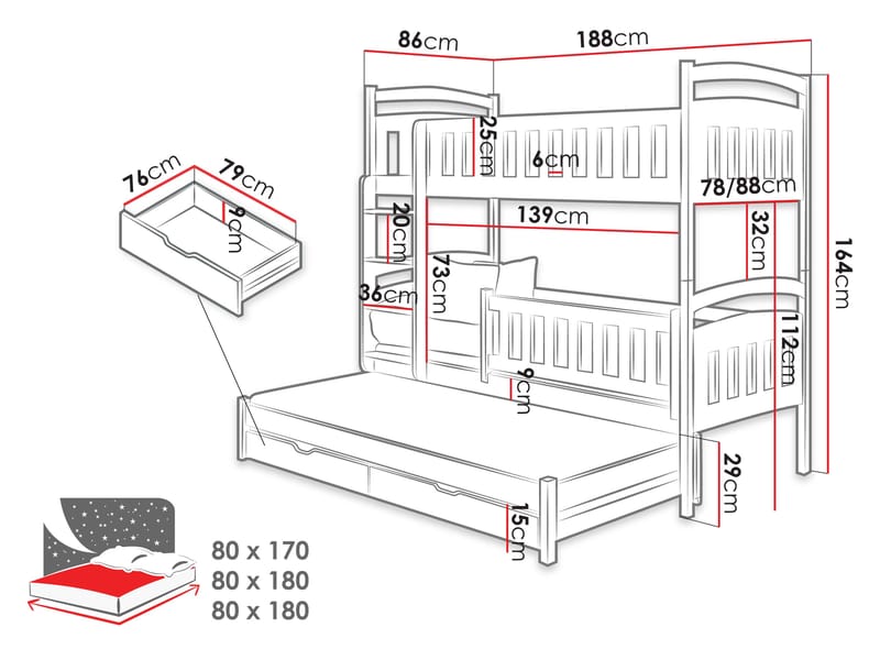 Blankana Kerrossänky, kaksi makuupaikkaa 80x180 cm - Beige - Huonekalut - Sänky - Kerrossängyt - Parvisänky