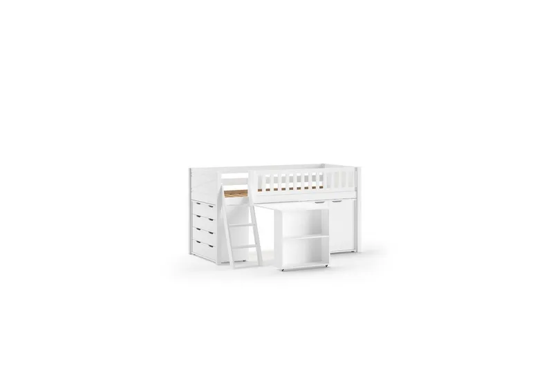 Keskikorkea sänky, jossa tikkaat Scott-yhteensopiva työpöytä, kolmella laatikolla varustettu lipasto ja kaksiosainen vaatekaappi, undefined