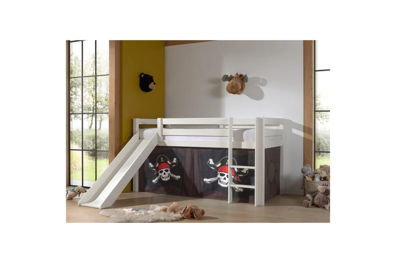 Keskikorkea sänky, jossa verho ja liukumäki Pino Valkoinen, Karibian merirosvot - Valkoinen, Karibian merirosvot - Huonekalut - Sänky - Kerrossängyt