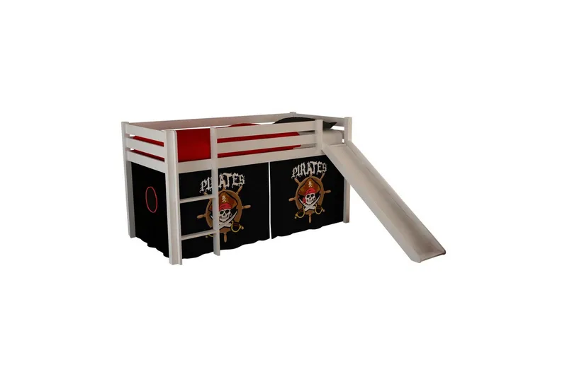 Keskikorkea sänky, jossa verho ja liukumäki Pino Valkoinen, Merirosvo, Valkoinen, Merirosvo