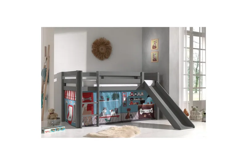 Keskikorkea sänky, jossa verho ja liukumäki Pino Harmaa, Lemmikkikauppa - Harmaa, Lemmikkikauppa - Huonekalut - Sänky - Kerrossängyt