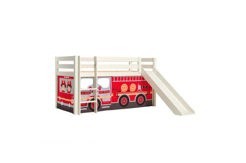 Keskikorkea sänky, jossa verho ja liukumäki Pino Valkoinen, Paloauto - Valkoinen, Paloauto - Huonekalut - Sänky - Kerrossängyt